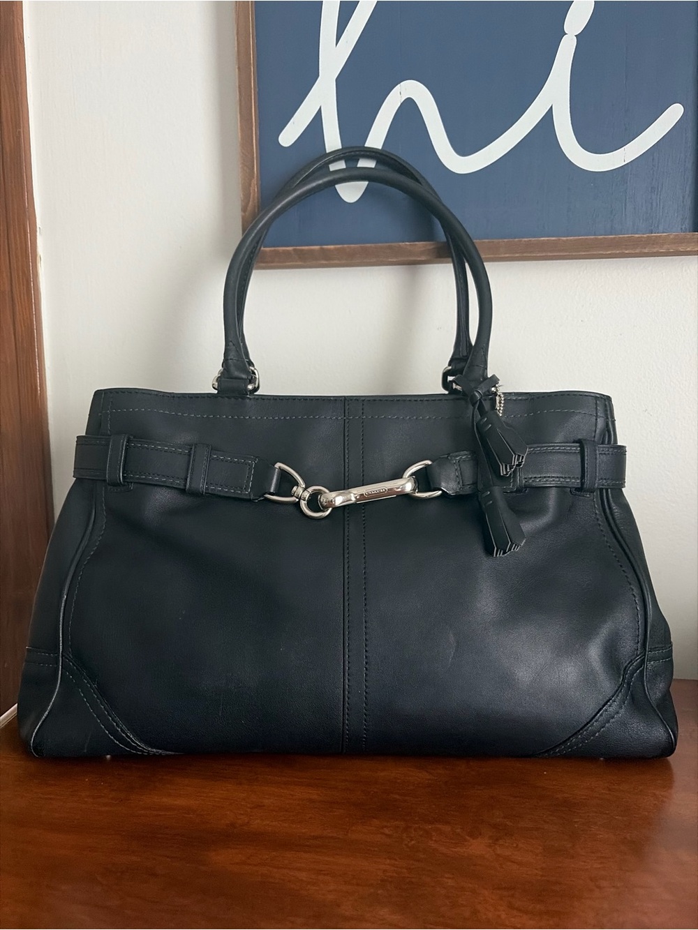 Coach Hampton Black Leather Satchel with Blue Stitch & Silver Horsebit *READ*